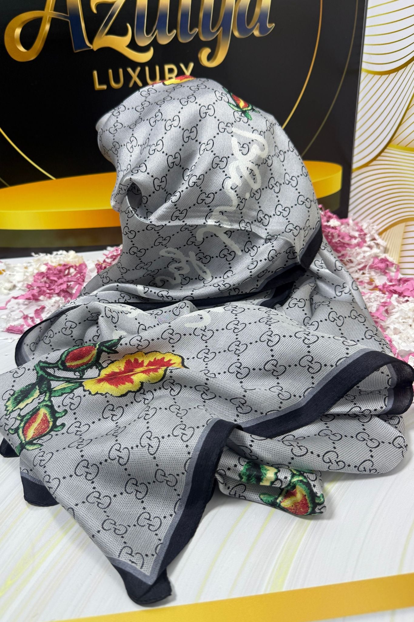 Châle Monogram Gris Perle & Floral
